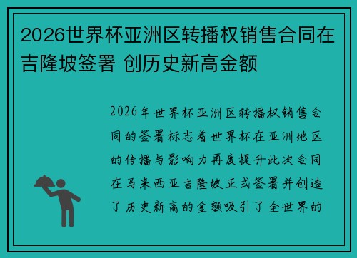 2026世界杯亚洲区转播权销售合同在吉隆坡签署 创历史新高金额 2026世界杯亚洲区转播权销售合同在吉隆坡签署 创历史新高金额